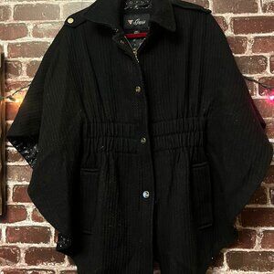 GUESS Black Wool Blend Textured Cape Coat - Size Small